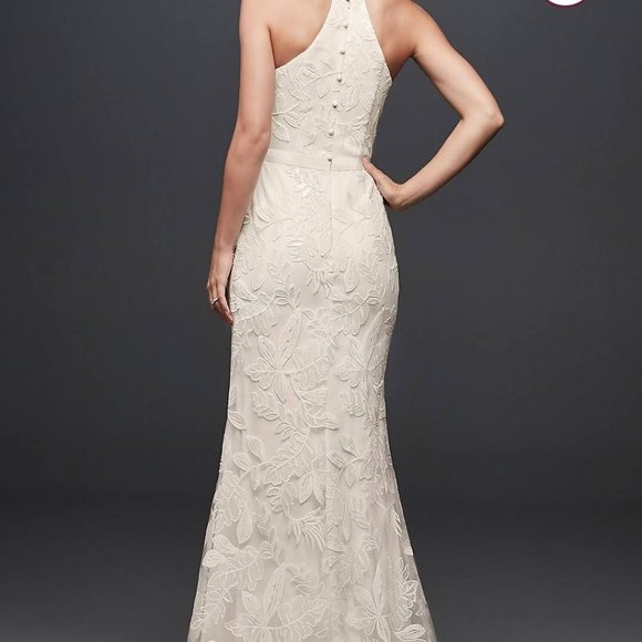 Sequin Leaf-Appliqued High Neck Sheath Gown - Picture 4 of 9